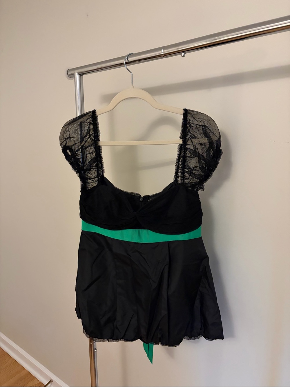 Marc Jacobs Black Top with Green Waistband and Lace Cap Sleeves